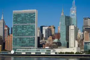 The UN Headquarters as seen from across the East River in New York.