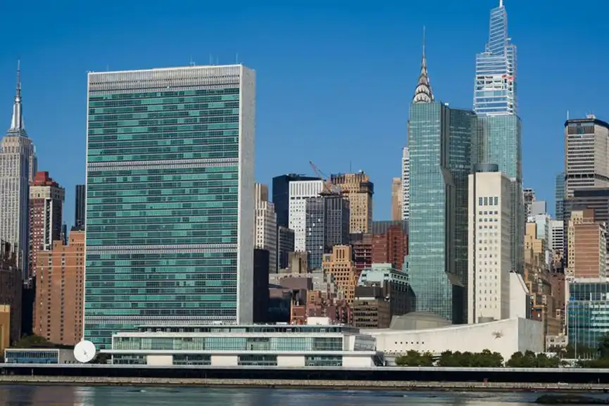 The UN Headquarters as seen from across the East River in New York.