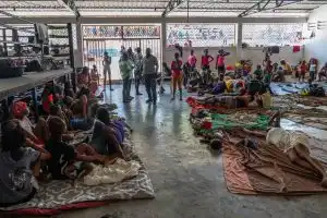 Displaced people shelter in a boxing arena in downtown Port-au-Prince