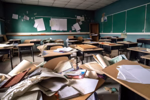 closeup-empty-classroom-with-books-papers-pencils-scattered-desks-created-with-generative-ai