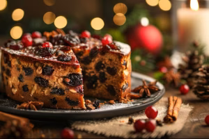 cake-with-berries-it-sits-plate-with-christmas-tree-background
