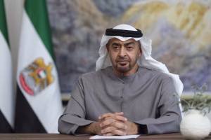 ABU DHABI, UNITED ARAB EMIRATES - April 18, 2023: HH Sheikh Mohamed bin Zayed Al Nahyan, President of the United Arab Emirates, delivers a speech for the Major Economies Forum on Energy and Climate, seen at Al Shati Palace. ( Hamad Al Kaabi / Ministry of Presidential Affairs )​ ---