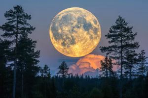 photo-full-moon-setting-pine-trees-dusk-muted-colors-atmospheric-clouds
