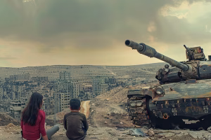 Children sit overlooking a war-damaged city beside a military tank, capturing the human impact of the Iran Israel US Conflict Analysis.