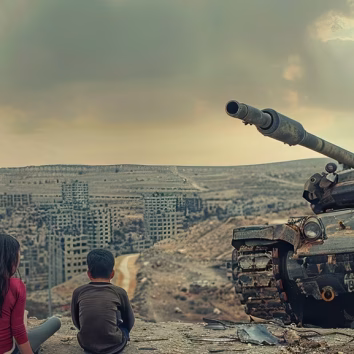 Children sit overlooking a war-damaged city beside a military tank, capturing the human impact of the Iran Israel US Conflict Analysis.